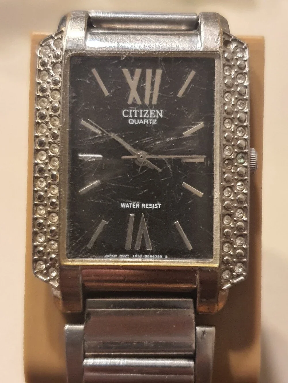 Vtg Citizen Quartz Silver/Black Rhinestone Stainless Steel Men's Tank Watch